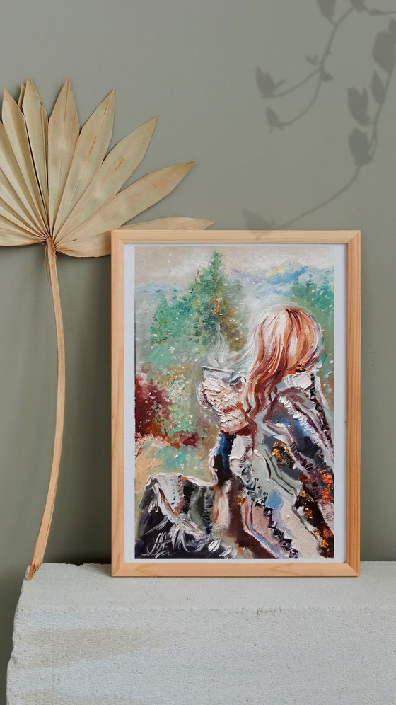 Coffe time wall art, Woman painting on canvas