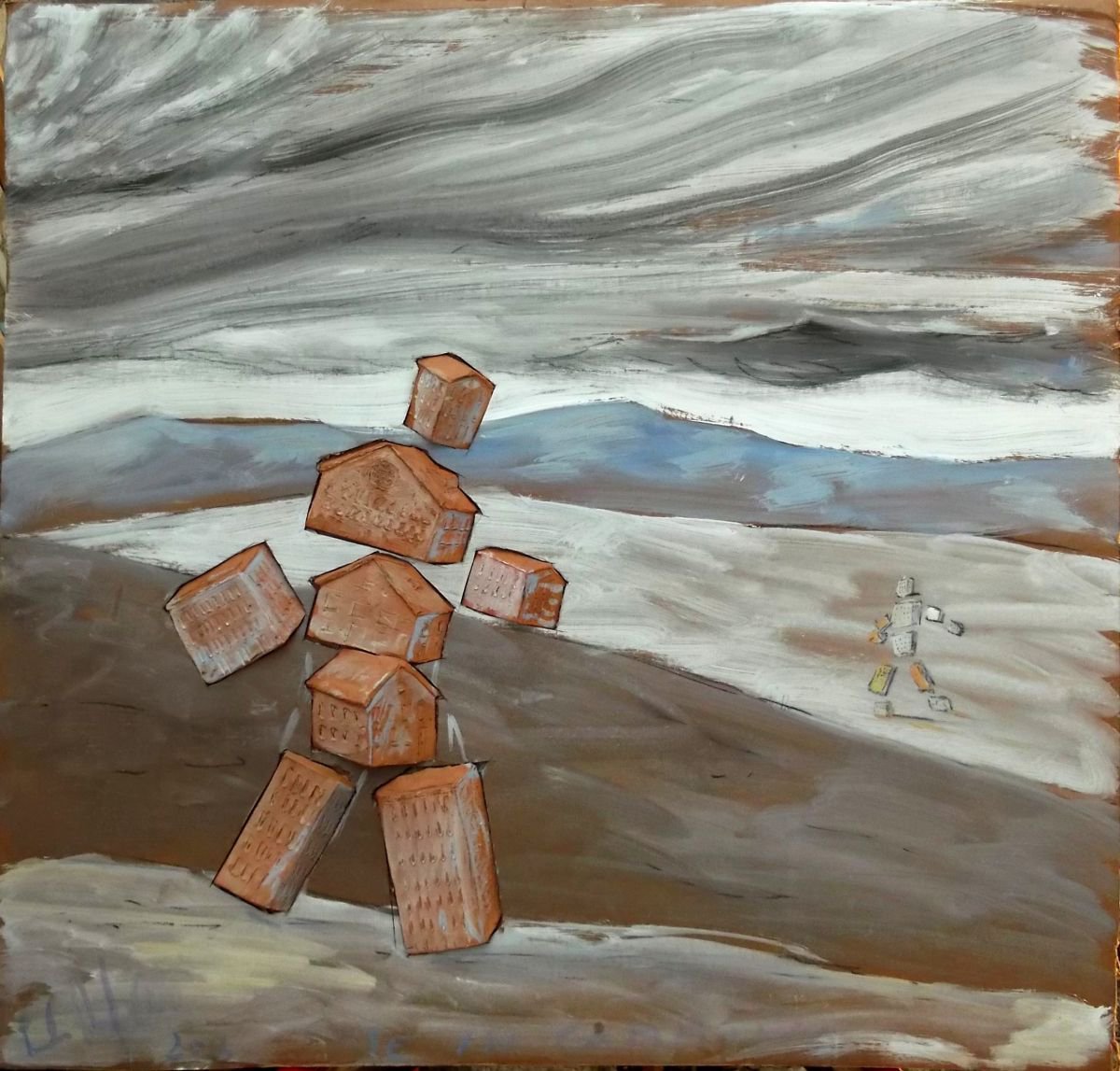 Surrealistic Cityscapes Painting By Paolo Beneforti, 26 X 26", Houses Walking, Original Artwork