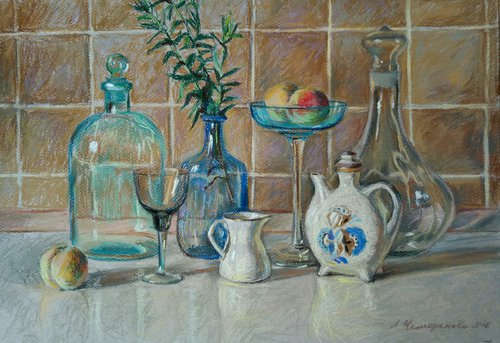 Glass and Peaches by Liudmyla Chemodanova