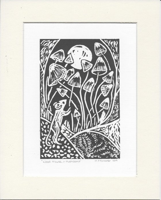 Wood Mouse and Mushrooms - Original Lino Print