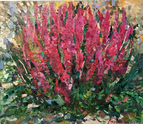 FLOWERBED - Floral art, landscape, original painting, oil on canvas, flowers in the garden, nature,  red summer flowerbed, bloom, interior art home decor, gift by Karakhan