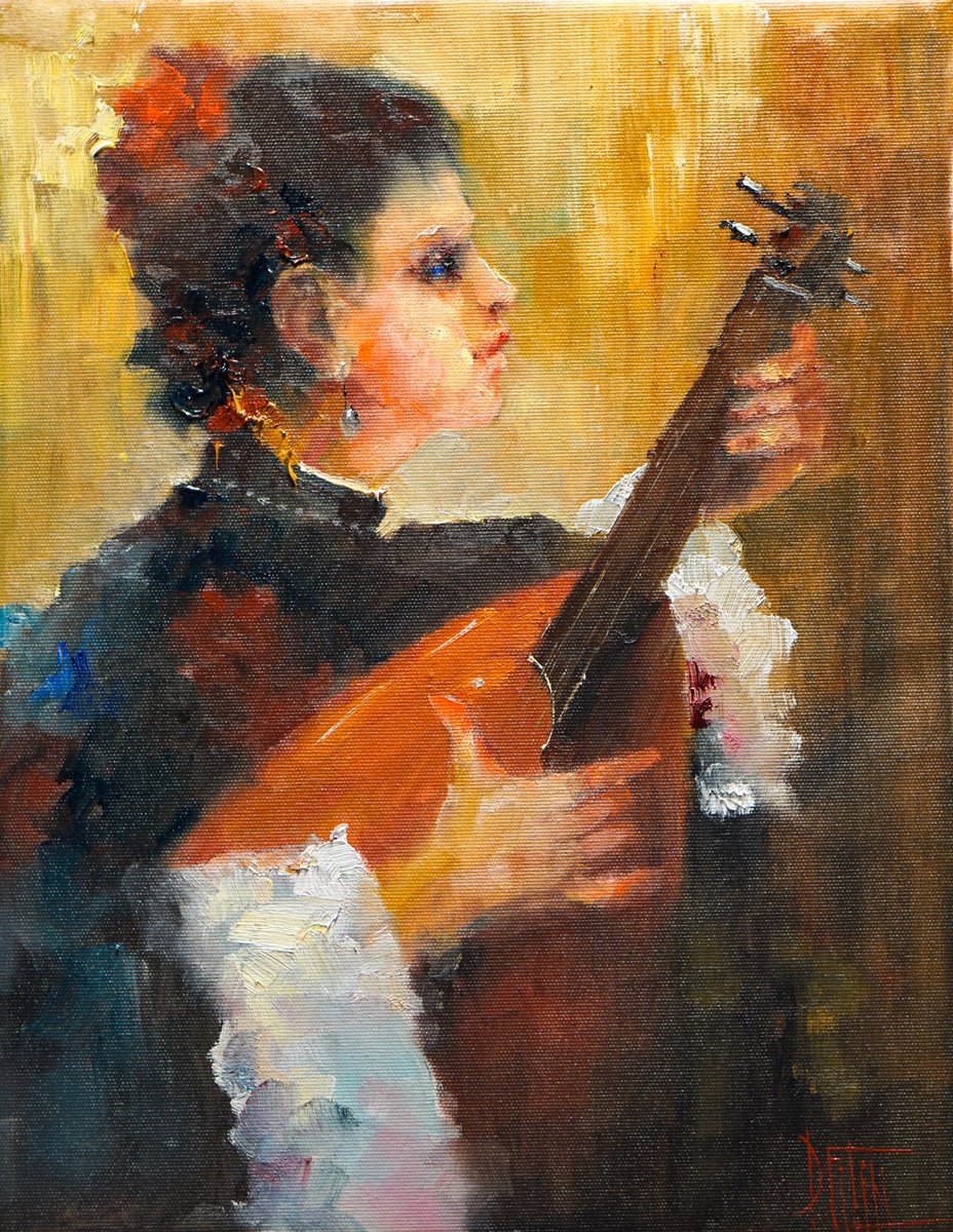 Impressionistic Portrait Oil Painting By Pavel Filin, 14 X 18", Lutnia, Original Artwork