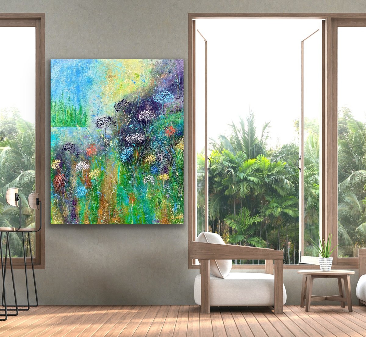 Impressionistic Landscape Acrylic Painting By Pooja Verma, 39 X 47", Sundown Whisper, Original Artwork