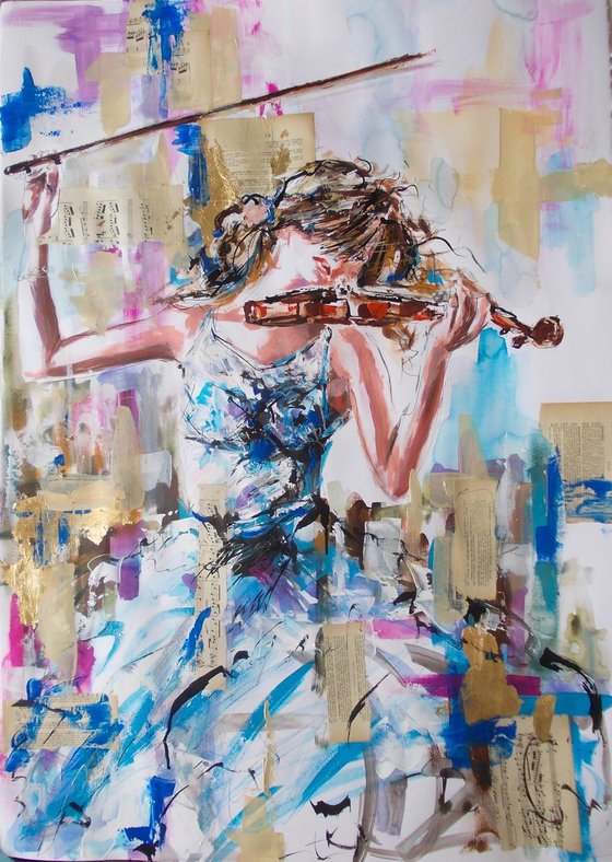 Allegro- Woman violinist acrylic mixed media painting on paper