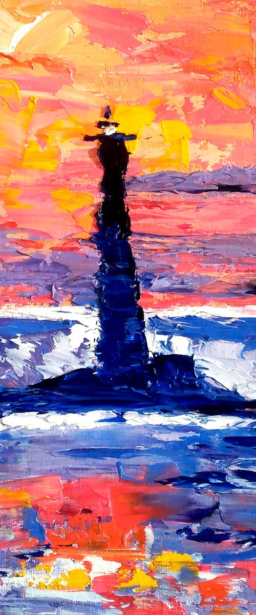 Lighthouse Painting Seascape Original Art Small Oil Impasto Nautical Pallete Knife Artwork Home Wall Art 7 by 9,5" by Halyna Kirichenko by Halyna Kirichenko
