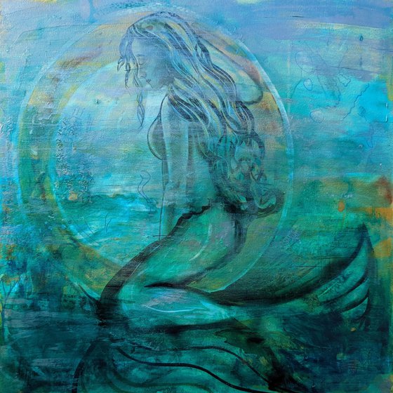 If Only, original Mermaid painting, green and gold, underwater