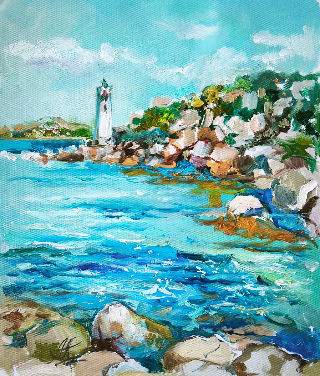 Impressionistic Landscape Oil Painting By Annet Loginova, 11 X 13, Faro Di Sardegna, Original Artwork