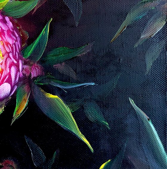 EVENING THICKETS OF PEONIES - Pink flowers. Dark background. Hand painting. Vintage. Drama. Night. Personify.
