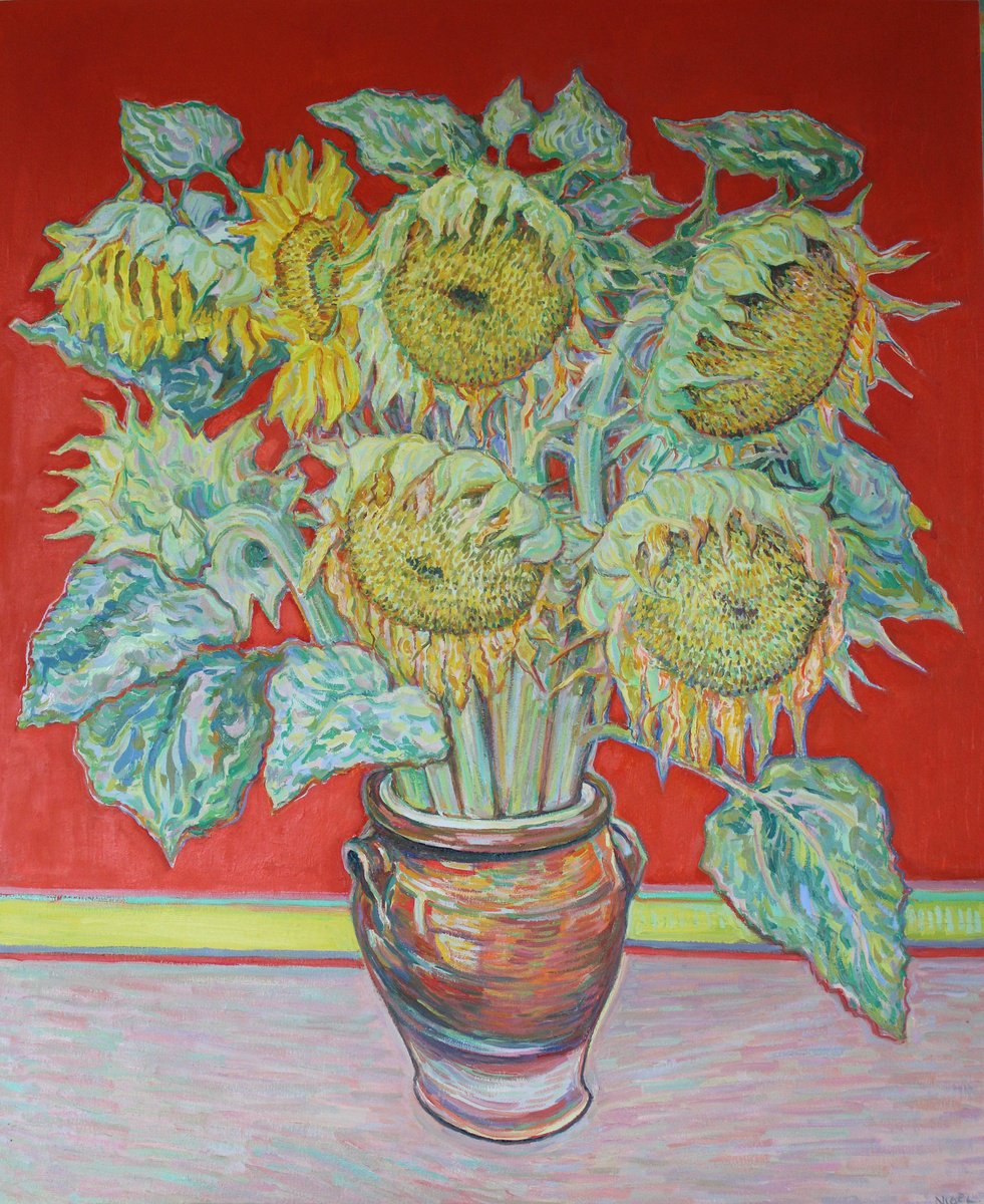 Impressionistic Botanical Oil Painting By Nigel Dickerson, 30 X 37", Vase Of Sunflowers, Red, Original Artwork