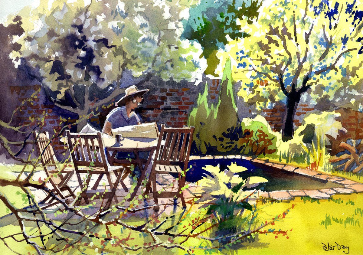 Spring in the Garden, Plum and Pear trees, Pond, Table and Chairs, Lady by Peter Day