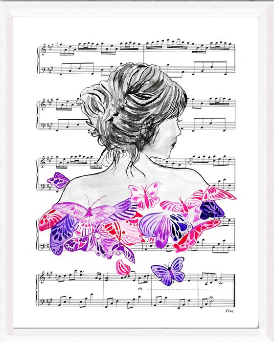 Music flies, watercolor on sheet music
