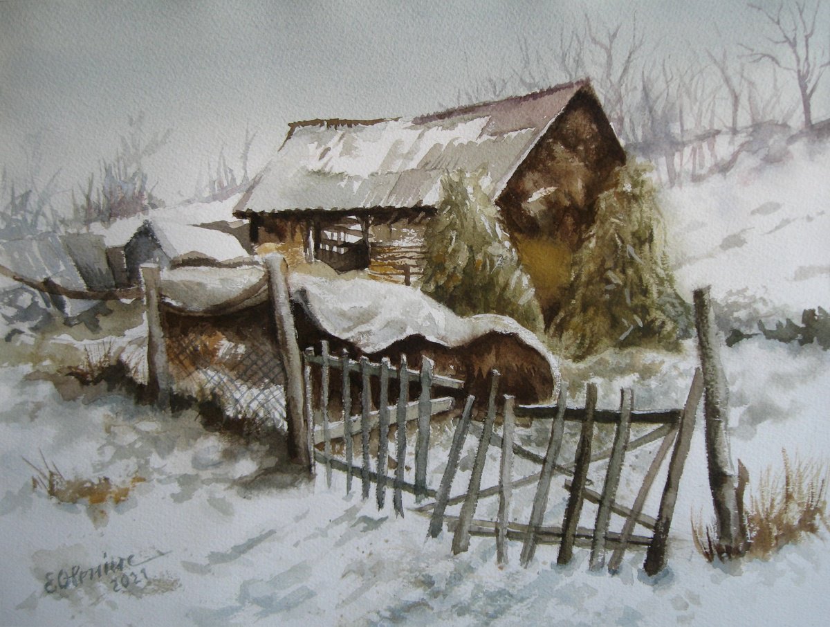 Photorealistic Landscape Watercolour By Elena Oleniuc, 17 X 13, Old Barn, Original Artwork
