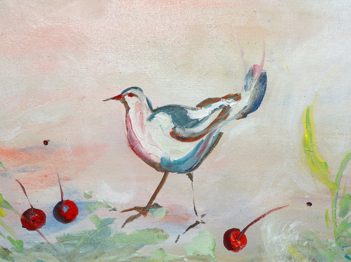 Abstract Animal Oil Painting By Jelena B, 20 X 16, Bluebird With Cherries, Original Artwork