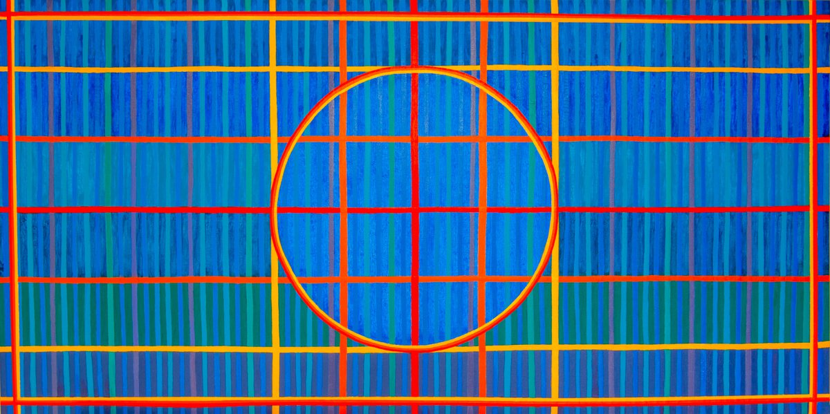 Geometric Abstract Acrylic Painting By Josephine Window, 48 X 24", Sunshine And Blue 1, Original Artwork