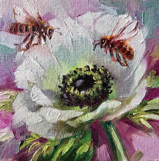 White flower oil painting original on canvas Bee artwork small framed art mini painting 4x4