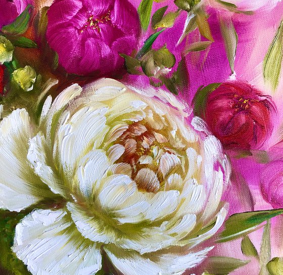 AMARANTH SET - Peonies. Pink. Floral. White peonies. Cerise. Magnificent. Petals. Fuchsia. Softness.