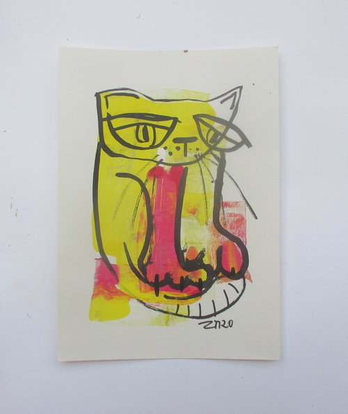 crazy cat 8,2 x 11,4 inch unique mixedmedia drawing by Sonja Zeltner-Müller