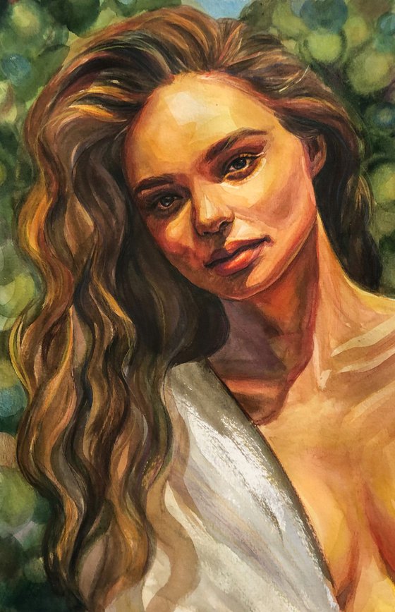 AND THE SUN THAT SHINES, a warm summer portrait of a woman model in watercolor