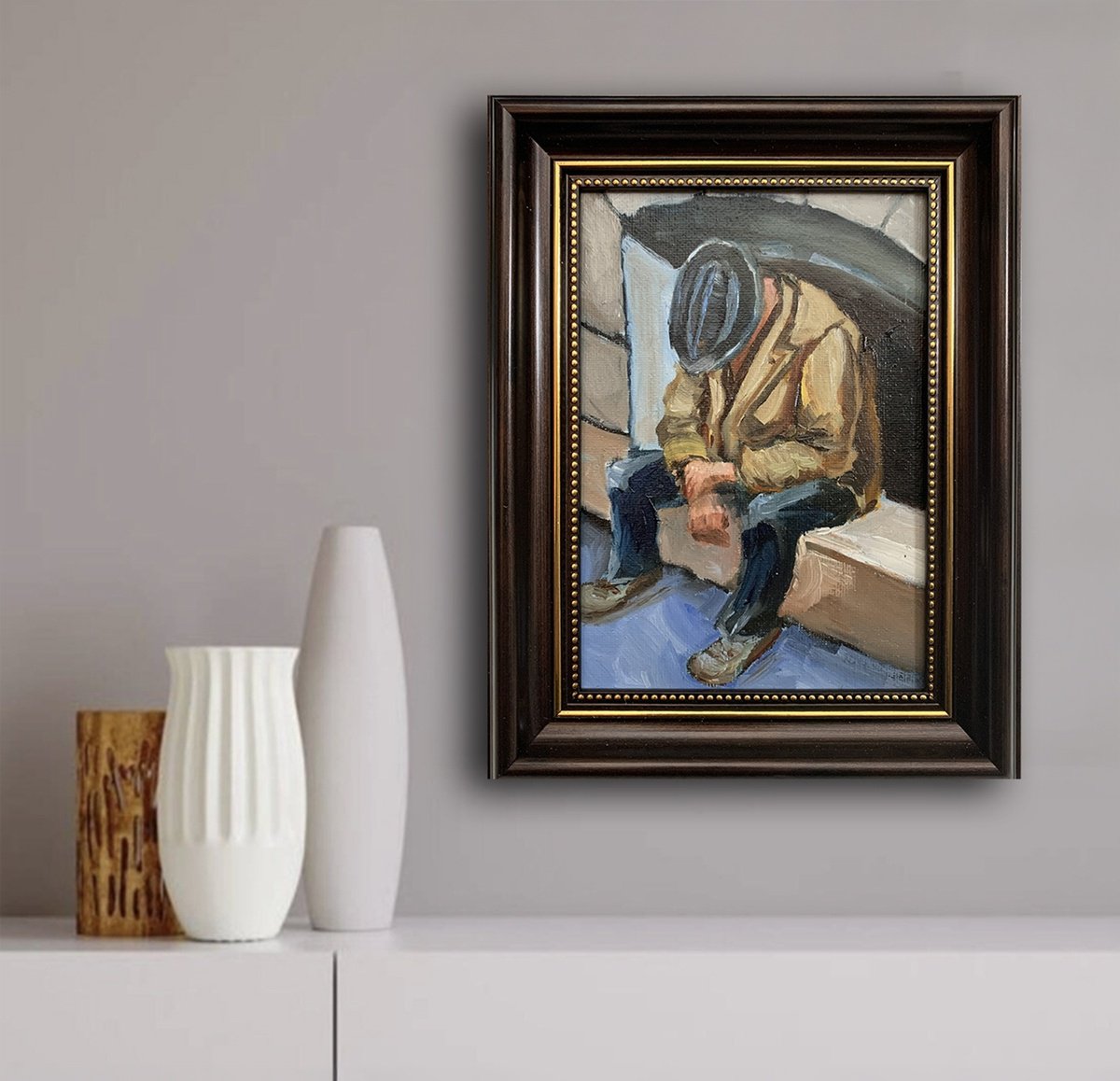 Expressive Portrait Oil Painting By Vita Schagen, 7 X 9", Break In Life. Man Figure, Original Artwork