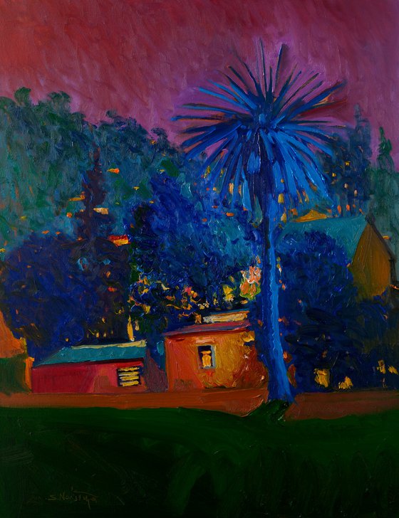 Blue Palm. Night Landscape