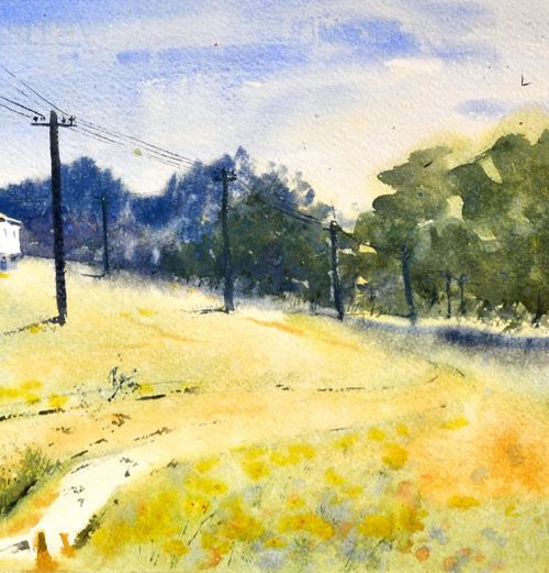 Sunny hill house landscape medium by Nenad Kojić watercolorist