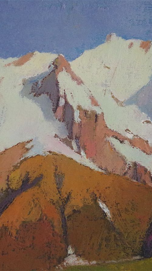 Snowy Mountains, Landscape oil painting, Impressionism, One of a kind, Signed, Hand Painted by Vahe Yeremyan