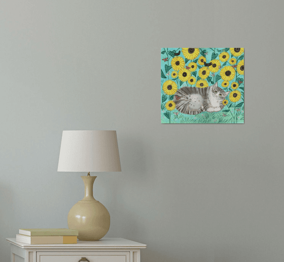 Tabby with Sunflowers