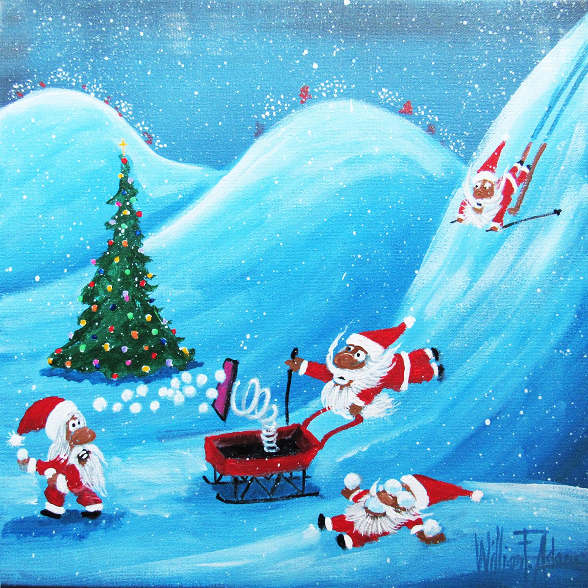 Illustrative Portrait Acrylic Painting By William F. Adams, 14 X 14", The Great Snowball Fight!, Original Artwork