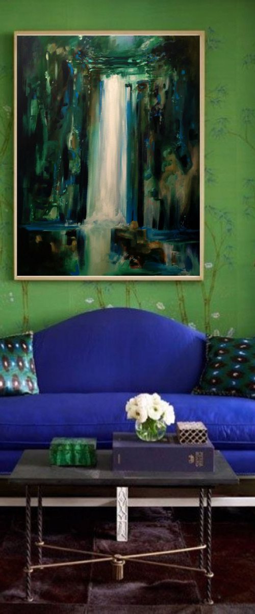 Double deck green waterfall - original acrylic painting- 81 x 65 cm -32' x 23,5' by Carlo Toma