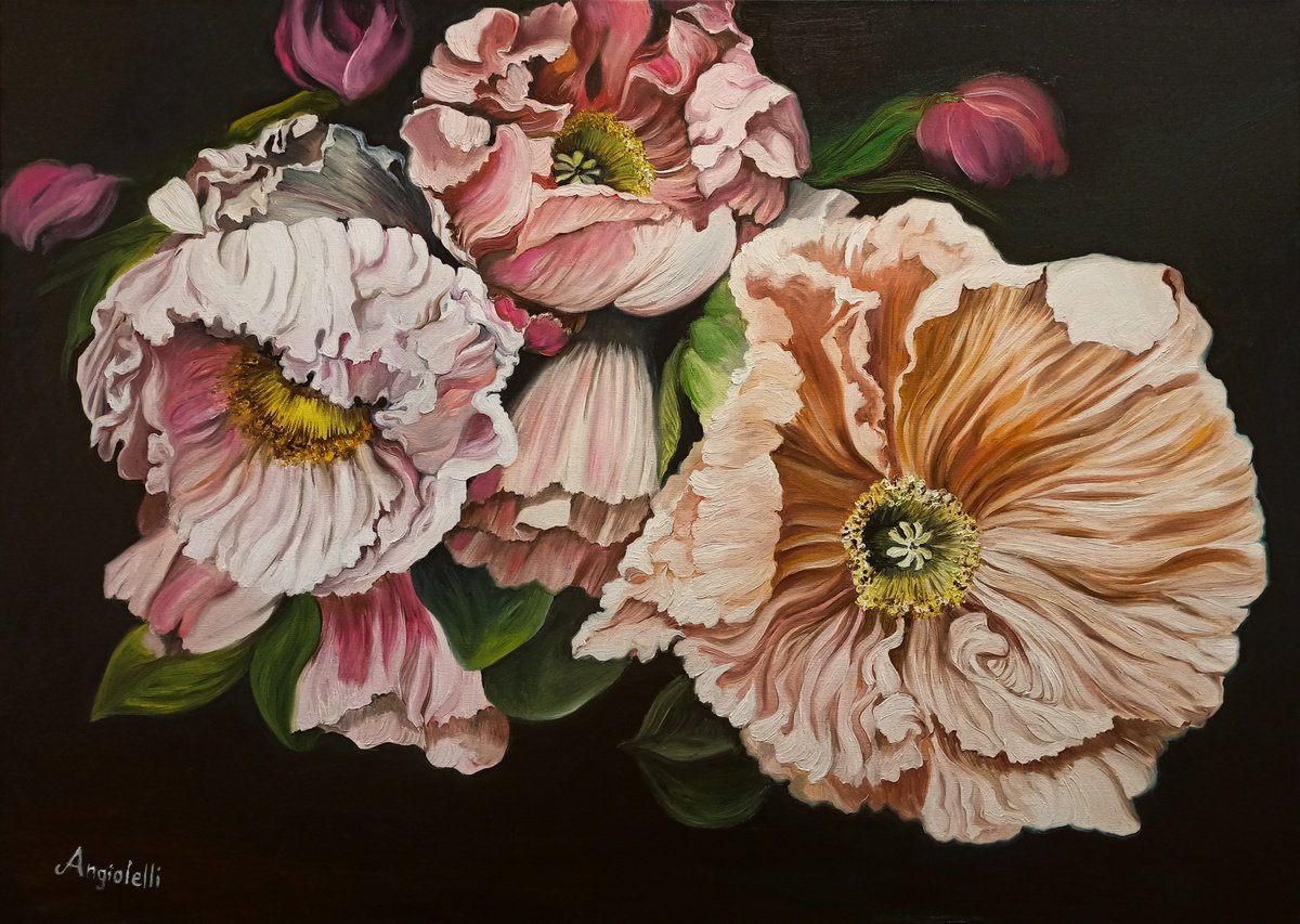 Photorealistic Botanical Oil Painting By Anna Rita Angiolelli, 28 X 20, Melody Of Flowers, Original Artwork