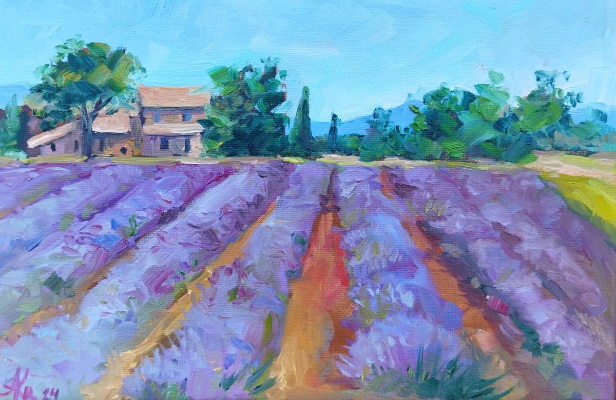 Impressionistic Landscape Oil Painting By Ann Krasikova, 12 X 8, French Lavender Fields, Original Artwork