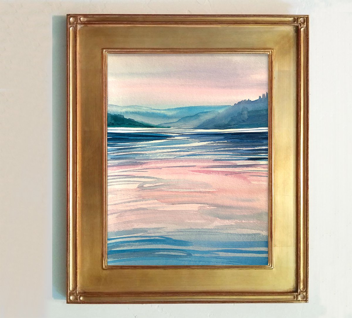 PINK SUNRISE ON WATER, Original Impressionist Vertical Landscape Watercolor Painting by Nastia Fortune