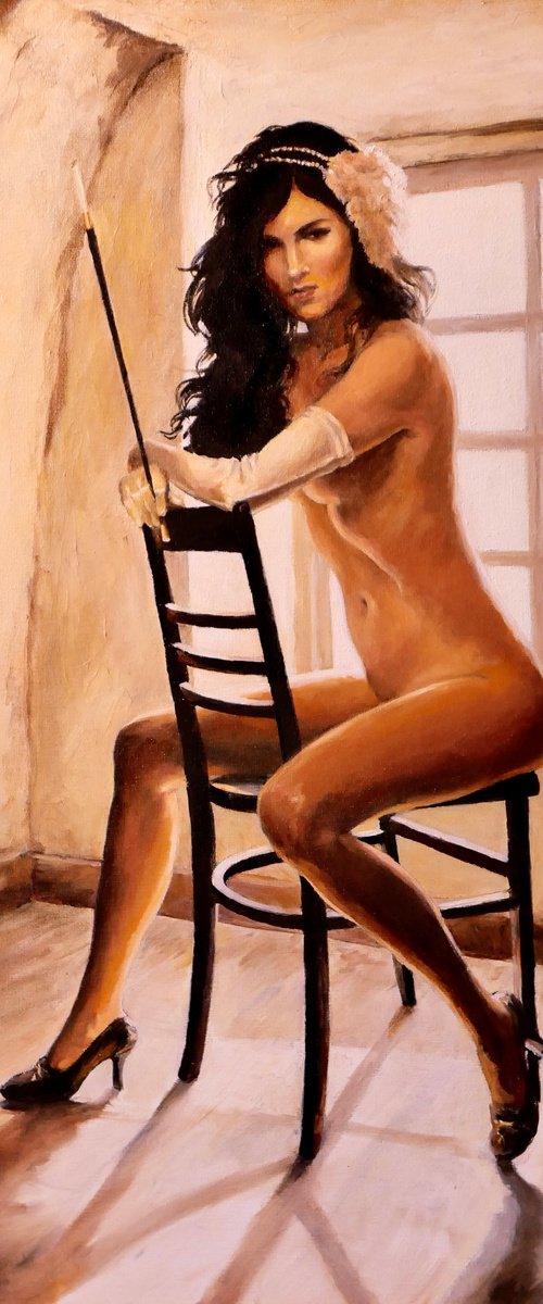 Nude woman with a mouthpiece, Romantic oil on canvas painting, canvas print. by Anatol Woolf