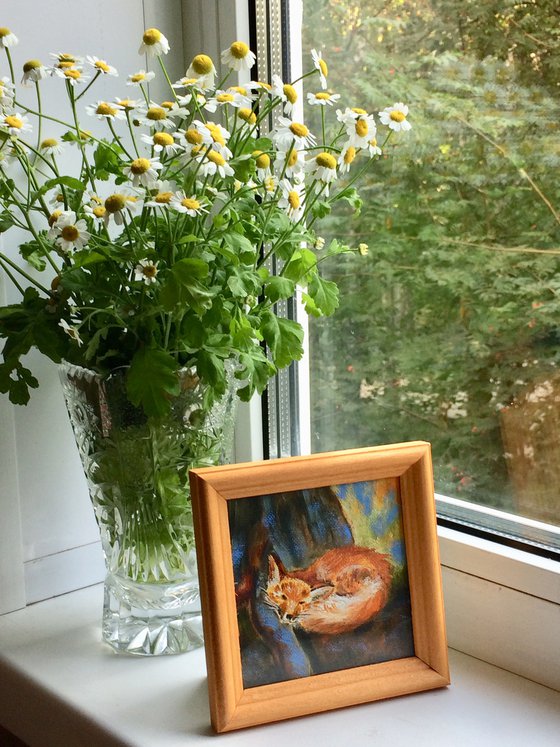 Sleeping fox oil painting - Animal original small canvas - Tiny framed artwork (2021)