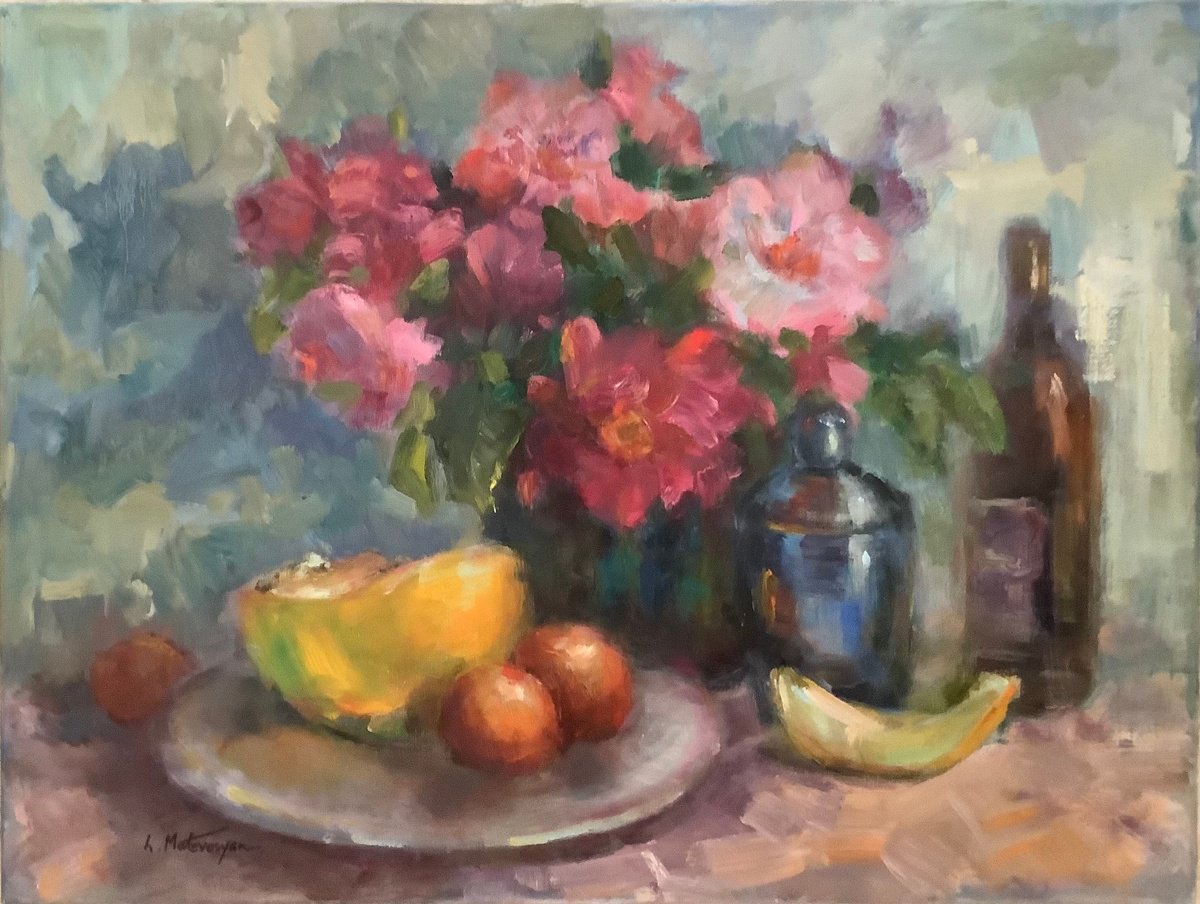 Expressive Still Life Oil Painting By Lia Matevosyan Haselton, 24 X 18", Still Life With Melon, Original Artwork