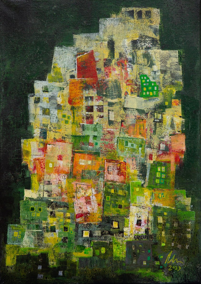 Organic Cityscapes Acrylic Painting By Peter Zelei, 13 X 18", Tower Of Babel, Original Artwork