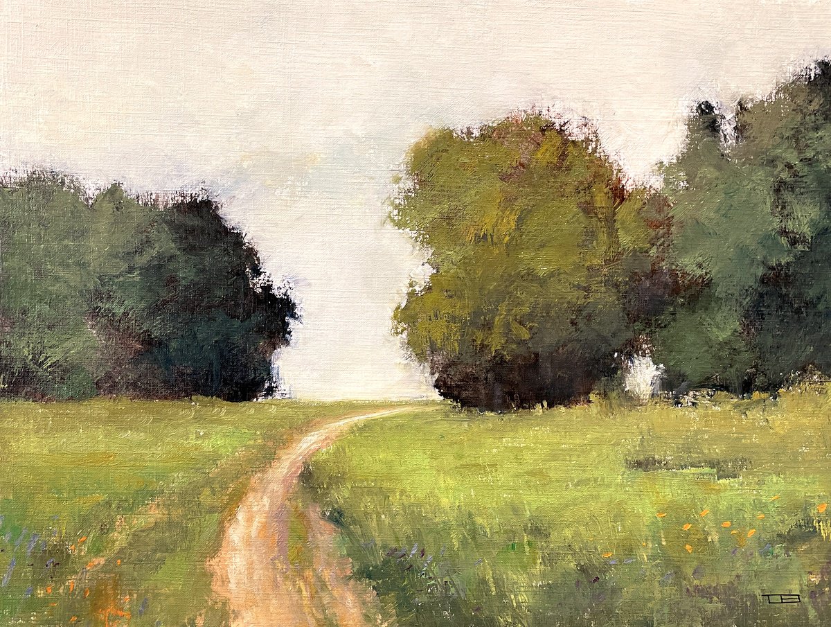 Country Path 221016, green trees and field impressionist landscape painting by Don Bishop