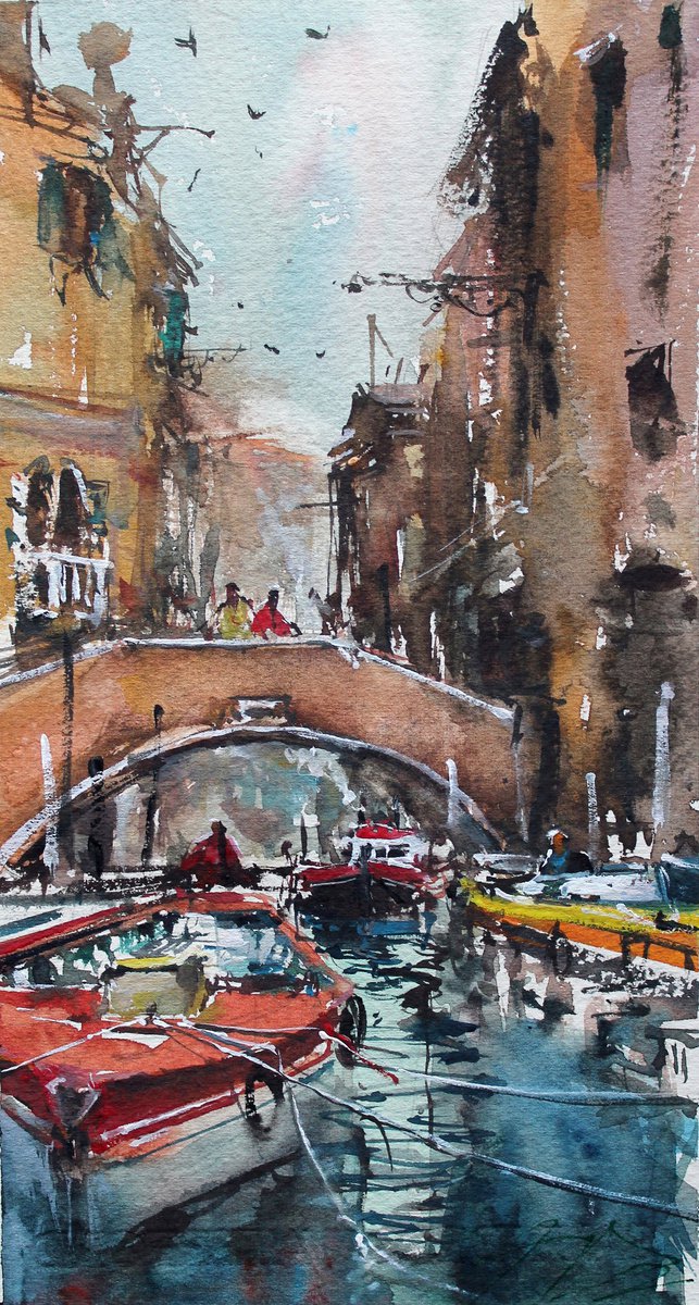 Impressionistic Cityscapes Watercolour By Maximo Damico, 6 X 11", Canali Di Venezia, Original Artwork