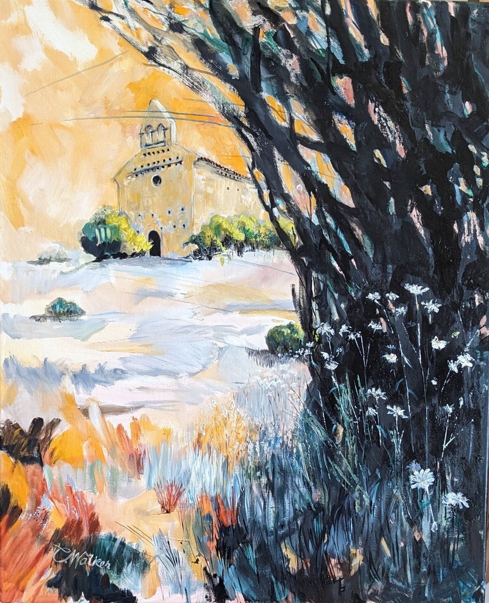 Geometric Abstract Oil Painting By Chris Walker, 20 X 24, Chapel In The Sun - Ste Madeleine, Original Artwork