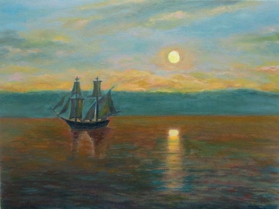 A ship by the Light of the Setting Sun - Original Seascape Oil on Canvas Traditional Impressionistic Marine Sea Sunset Dusk to Twilight in the Night Dark Orange Blue Sail Boat Harbour Sealine Port