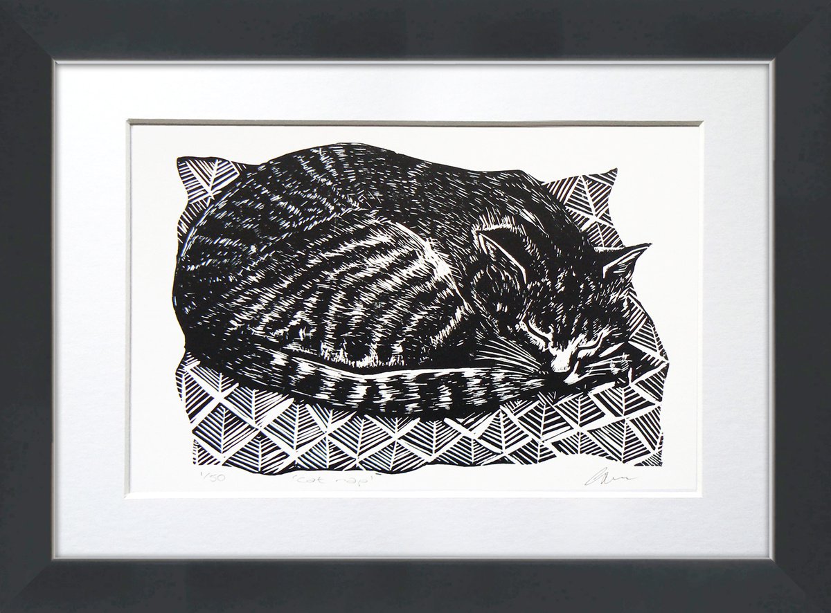 Cat nap linoprint - Framed and ready to hang by Carolynne Coulson