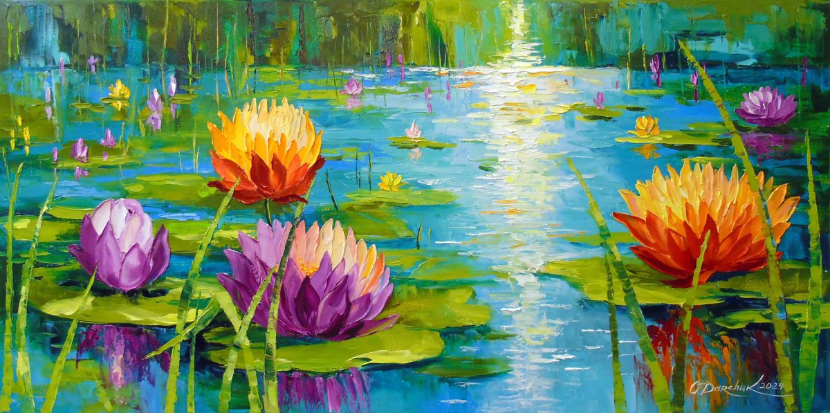 Impressionistic Landscape Oil Painting By Olha Darchuk, 39 X 20", Blooming Lilies: Serenity On Water, Original Artwork