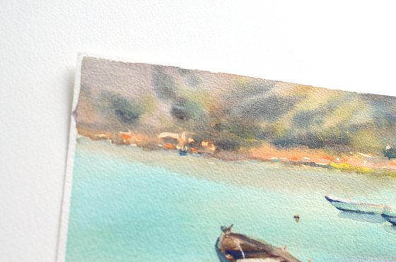 Boat by the sea in Montenegro, Watercolor turquoise seascape