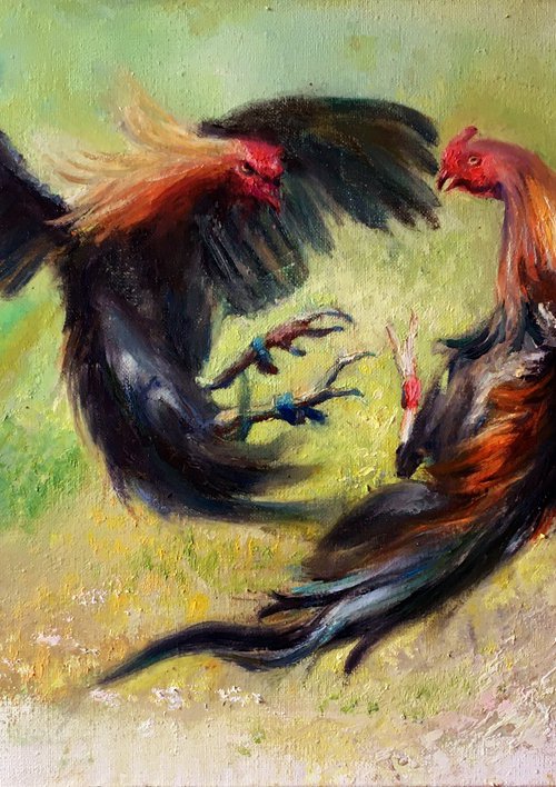 Roosters on green . Cockfighting . Original oil painting by Helen Shukina