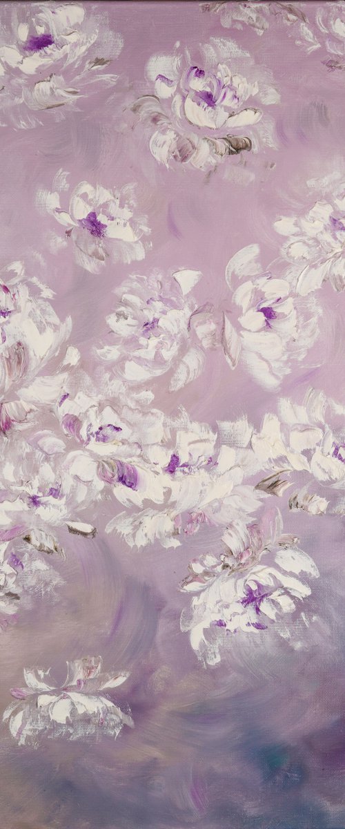 FOG IN THE GARDEN - White peonies. Abstract flowers. Shining peonies. Lilac tones. Haze. Dream. Garden. by Marina Skromova