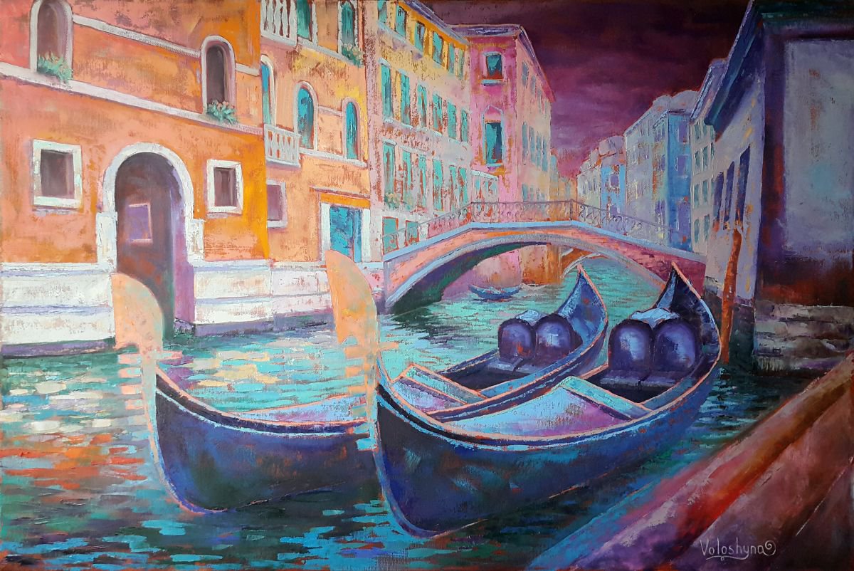 Cityscapes Oil Painting By Mary Voloshyna, 35 X 24", Evening Venice, Original Artwork