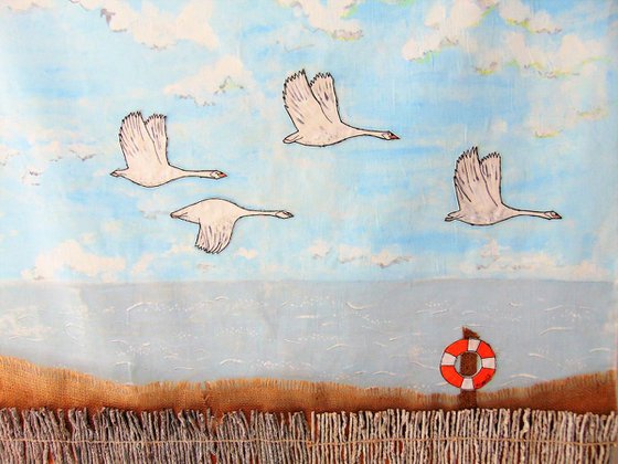 "Coming in to land" - large mixed media painting/collage on fabric