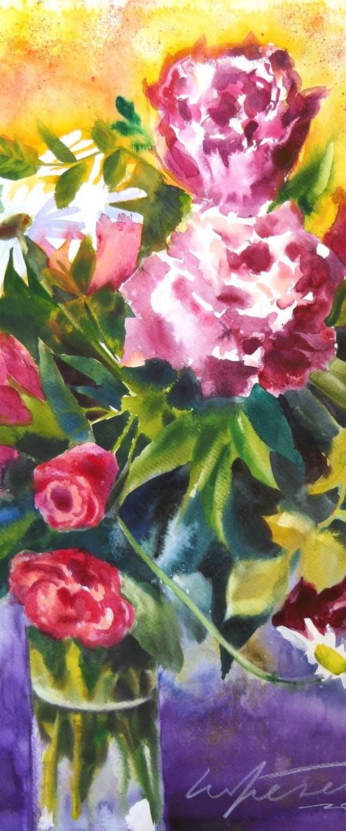 Red Peonies Flowers Loose Watercolor Bouquet Painting by Ion Sheremet