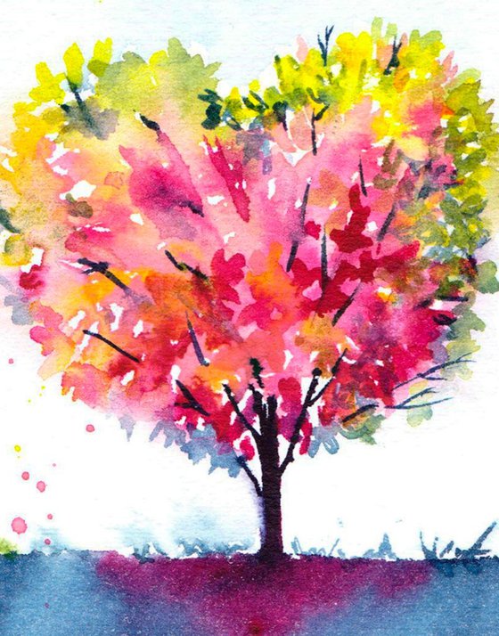 Valentine's Day Art, Original Watercolour Painting, Heart Shaped Tree, Tree Landscape, Tree Wall Art