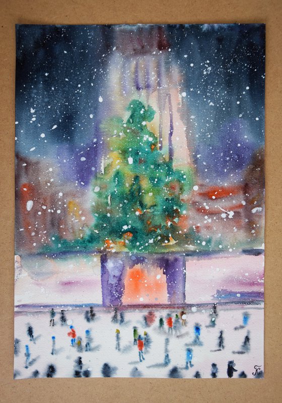 Winter New York watercolor painting, New Year Rockefeller Center, original abstract cityscape, snowy Manhattan